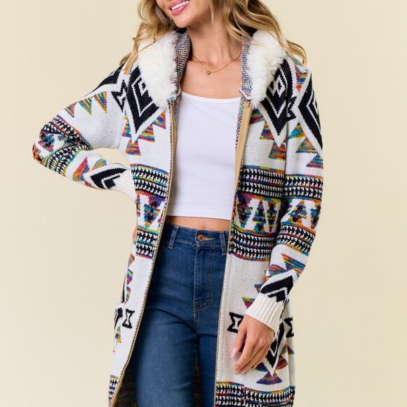 ON BLUE Rainbow Aztec Print Zip-Up Cardigan: Faux Fur Lined Hooded Cardigan Coat - Picture 13 of 15